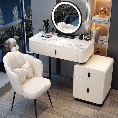 Makeup vanity rock slab desktop , Vanity table Upholstered Stool with Drawer Makeup Table, Vanity desk 3-Color Adjustable Touch LED Mirror, Bedroom White and Gray modern vanity ( Color : White+black ,