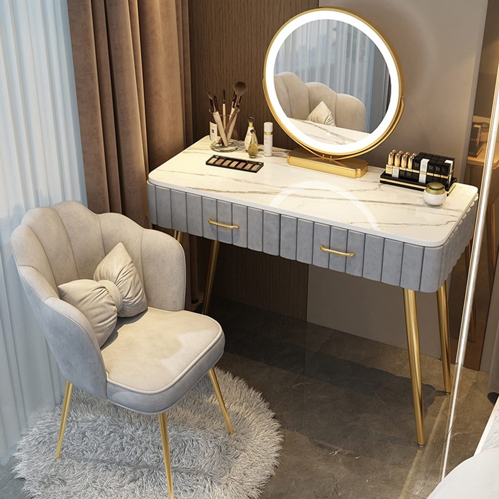 Makeup vanity with Round Mirror, Detachable Mirror modern vanity desk, with Drawers Shelves Dresser Desk and Cushioned Stool Set, Makeup Table 3-Color Adjustable Touch Light ( Color : Grey+petal chair