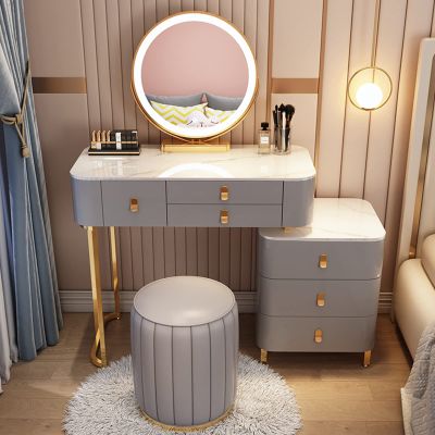 Vanity Set solid wood frame, Slate desktop Makeup vanity,3 color smart touch mirror vanity table, padded stool and LED mirror Vanity desk, 360 swivel vanity mirror Makeup Table ( Color : Gray+A , Siz