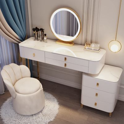 Vanity Set solid wood frame, Slate desktop Makeup vanity,3 color smart touch mirror vanity table, padded stool and LED mirror Vanity desk, 360 swivel vanity mirror Makeup Table ( Color : White+C , Si