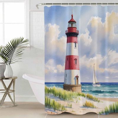 Light-House Shower Curtain Set with Hook 60"x72",Washable Cloth Polyester Fabric Shower+Curtain,Waterproof Bath Curtains for Bathroom,Bathtubs Decor Accessories Summer Sea Ocean Nautical Sailboat