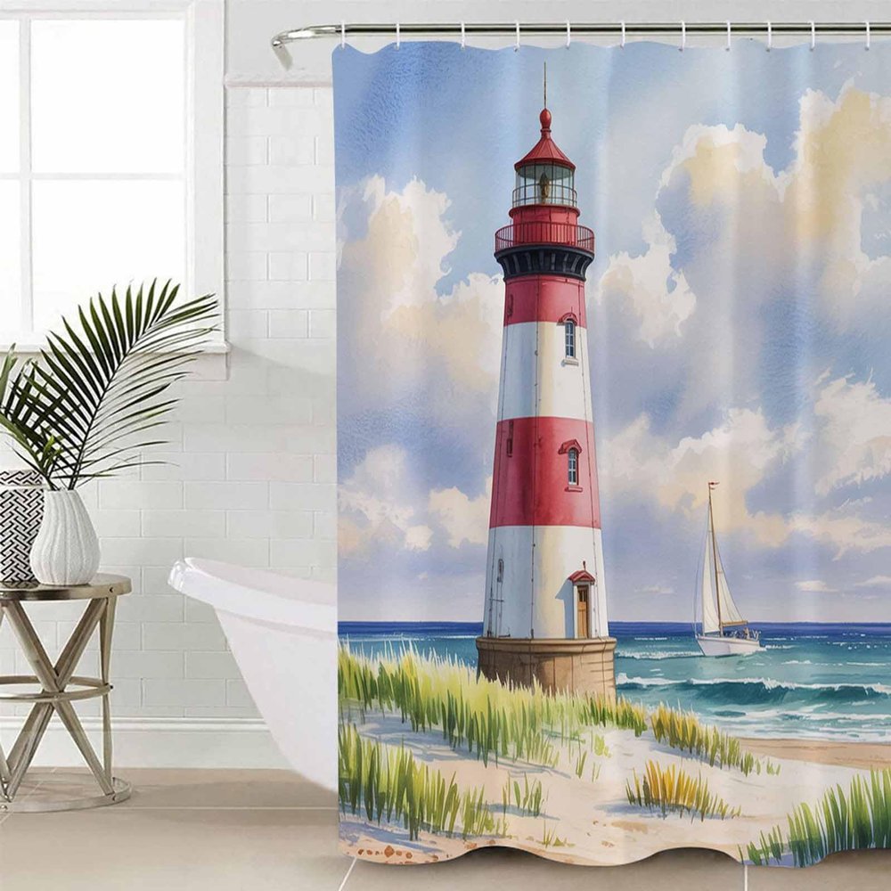 Light-House Shower Curtain Set with Hook 60"x72",Washable Cloth Polyester Fabric Shower+Curtain,Waterproof Bath Curtains for Bathroom,Bathtubs Decor Accessories Summer Sea Ocean Nautical Sailboat