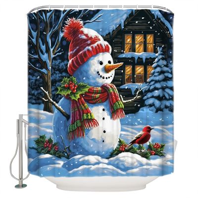 Christmas Shower Curtain Set with Hook 72"x96",Washable Cloth Polyester Fabric Shower+Curtain,Waterproof Bath Curtains for Bathroom,Bathtubs Decor Accessories Winter Snowman Farm House Bird Berry
