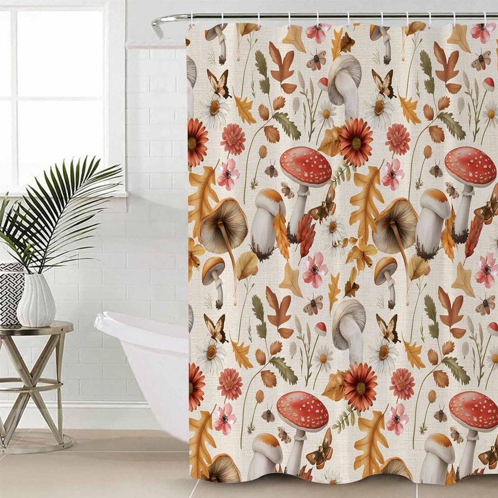Fall Leaves Flowers Shower Curtain Set with Hook 48"x72",Washable Cloth Polyester Fabric Shower+Curtain Bath Curtains for Bathroom,Bathtubs Decor Accessories Country Rustic Mushroom Chic Butter-fly