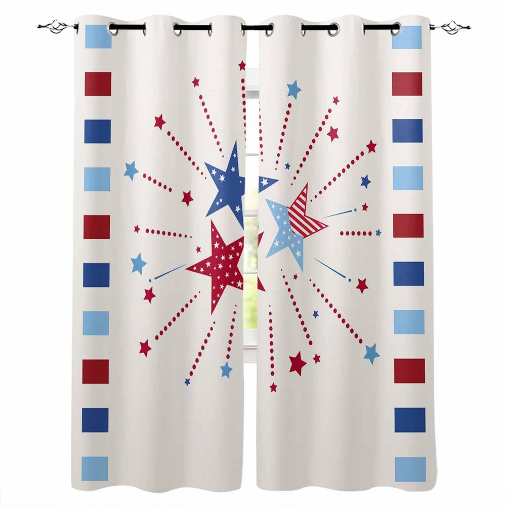 4th-of-July Blackout Curtains 90 Inches Long for Bedroom, Thermal Insulated Room Darkening Black Out Window Curtain Panels Grommet Drapes for Living Room, Summer Red Blue Independence Day Star 104x90