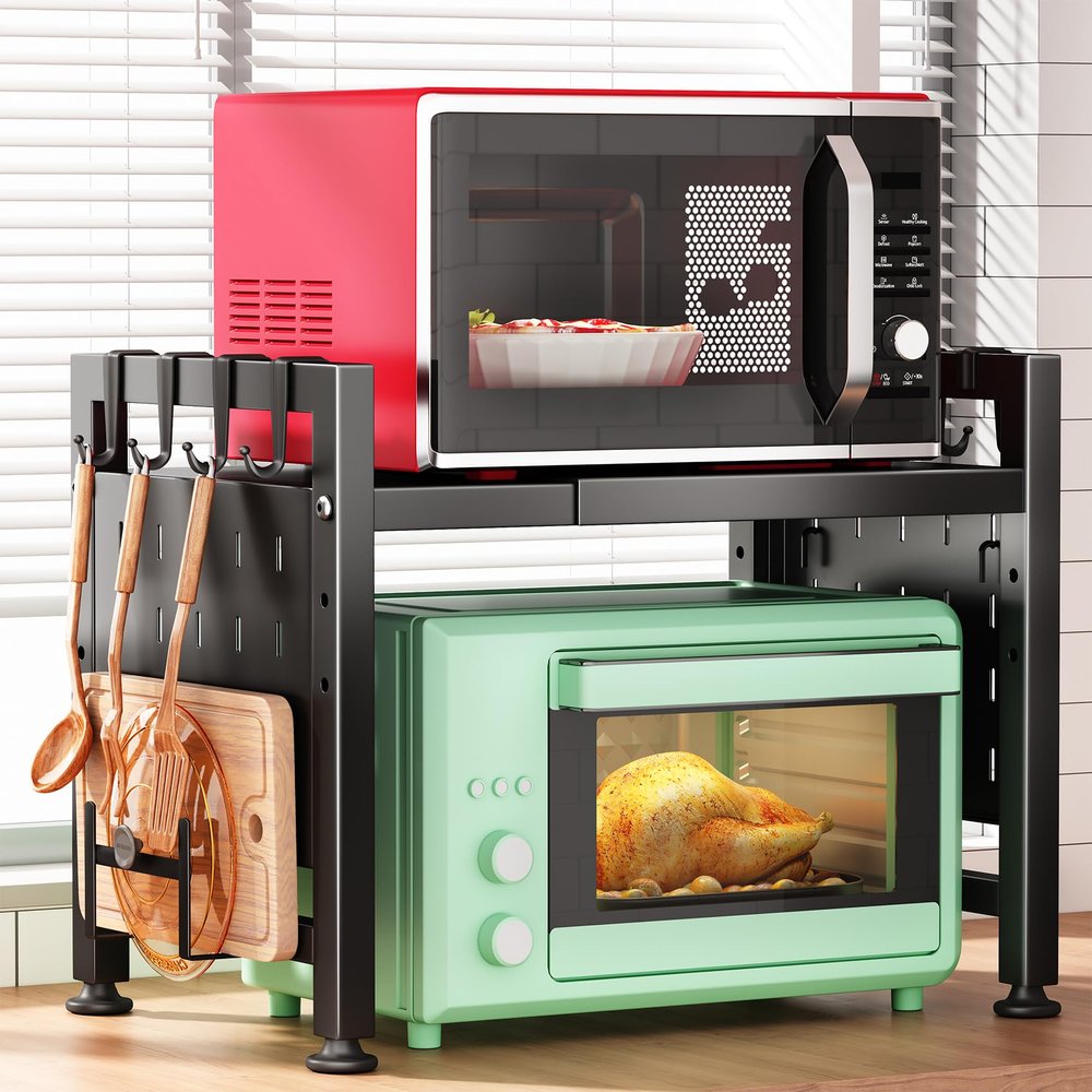 Kitstorack Adjustable Microwave Oven Rack,Microwave Stand Shelf Heavy Duty 2-Tier Shelf with Cutting Boards Stand for Kitchen Shelves Counter Top Organizer, Holds 120lbs,9 Hooks