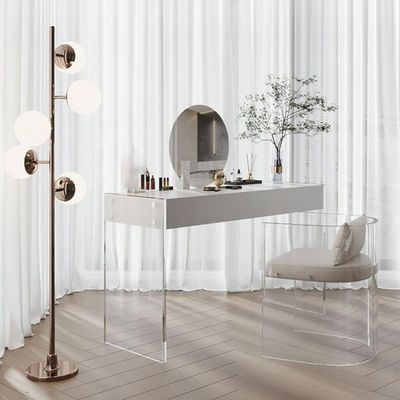 KWOKING Mirrored Wood Makeup Dressing Table Modern Style Stool Set in White Acrylic Dressing Table Bedroom Simple Modern Dressing Table Ins Dressing Table Makeup Vanity & Stools 31" L x 18" W x 30" H