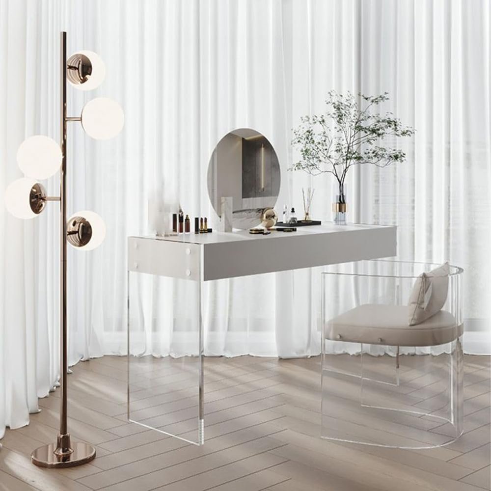KWOKING Mirrored Wood Makeup Dressing Table Modern Style Stool Set in White Acrylic Dressing Table Bedroom Simple Modern Dressing Table Ins Dressing Table Makeup Vanity & Stools 31" L x 18" W x 30" H