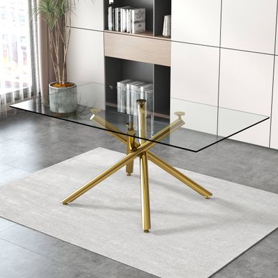 71 Inch Glass Dining Table, Modern Large Gold Dining Room Table for 6-8 People, Rectangular Kitchen Table with Tempered Glass Top and Golden Legs