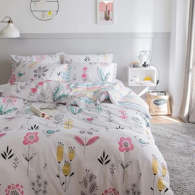 Floral Print Duvet Cover Queen Girls Floral Cotton Comforter Cover Chic Garden Flower Duvet Cover Aesthetic Bedding Sets Reversible Striped Boho Floral Comforter Cover Queen Duvet Cover with Zipper