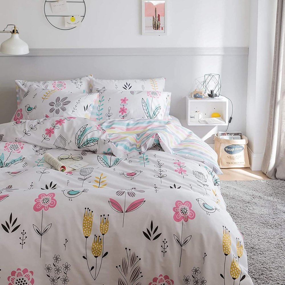 Floral Print Duvet Cover Queen Girls Floral Cotton Comforter Cover Chic Garden Flower Duvet Cover Aesthetic Bedding Sets Reversible Striped Boho Floral Comforter Cover Queen Duvet Cover with Zipper