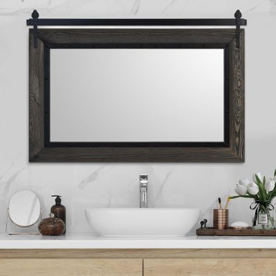 YOSHOOT Farmhouse Barn Door Mirror, 48"x30" Rustic Bathroom Mirror, Wood Frame Wall Mirror, Wooden Mirror for Living Room Bedroom Entryway Wall Dcor, Horizontal Hanging ONLY