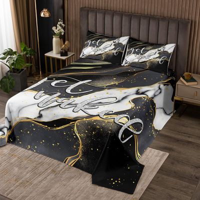 Feelyou Get Naked Quilt Set Kids Marble Bedspread Grey Black White Gold Coverlet for Boys Girls Women Men Bedroom Decor Funny Quote Simple Modern Lightweight Quilted King Size 3Pcs