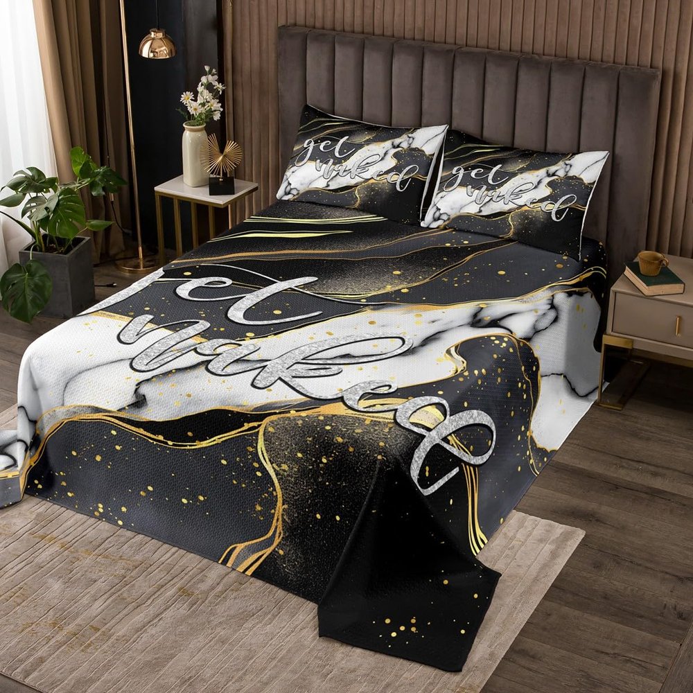 Feelyou Get Naked Quilt Set Kids Marble Bedspread Grey Black White Gold Coverlet for Boys Girls Women Men Bedroom Decor Funny Quote Simple Modern Lightweight Quilted King Size 3Pcs