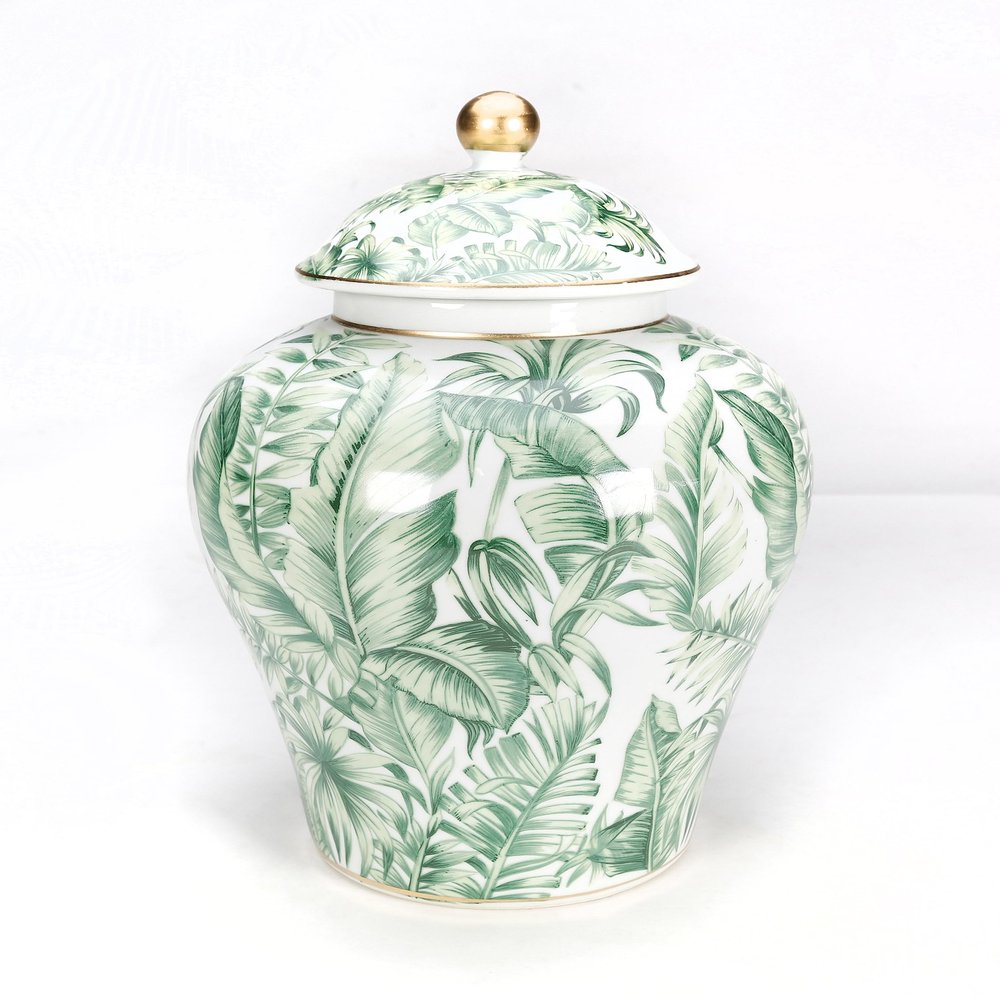 AAI Tropical Leaf 14" Porcelain Ginger Jar, Green