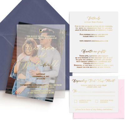XOXOKristen Gold Vellum Wedding Invitations with envelopes, RSVP cards, Details and Photo. Gold, Rose Gold and Silver Foil available (Vellum + Photo)