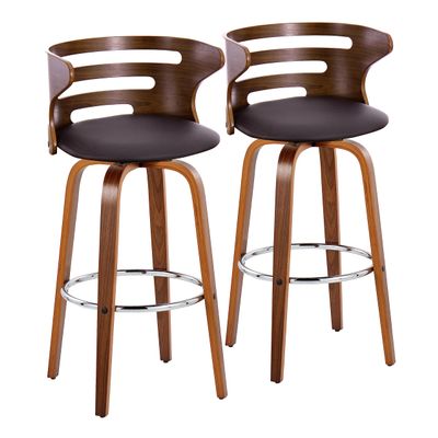 Grandview Gallery Cosini 30" Fixed Height Barstool in Walnut Wood Finish with Round Chrome Footrest - Set of 2 (Brown Faux Leather)