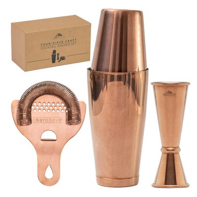 A Bar Above Cocktail Shaker Set, 4-Piece Professional Bartender Kit with Boston Shaker, Strainer and Jigger, Stainless Steel Bar Accessories for Craft Cocktails, Antique Copper