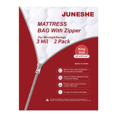 JUNESHE 2PK 3 Mil King Size Mattress Bags with Zipper for Storage Moving,Plastic Waterproof Mattress Protector Cover Moving Supplies
