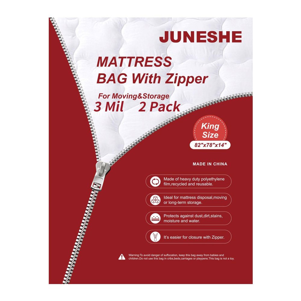 JUNESHE 2PK 3 Mil King Size Mattress Bags with Zipper for Storage Moving,Plastic Waterproof Mattress Protector Cover Moving Supplies