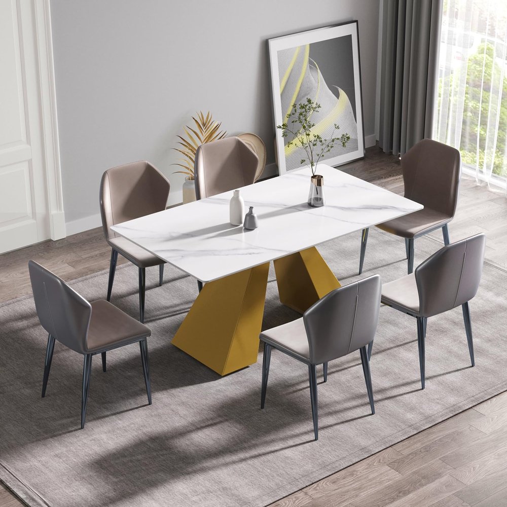 63" Modern White Marble Dining Table, Rectangular Kitchen Table with Sintered Stone Table Top and Gold Metal Base Dining Room Table for 4-6 Seats, for Office Living Room Apartment (Table Only)
