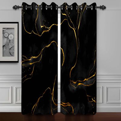 Baocicco Black Texture Marble Window Curtains for Bedroom Art Fluid Black Golden Marble Window Drapes for Living Room Luxury Modern Fashion Design Blackout Curtains 2 Panels 53Wx72H Inches