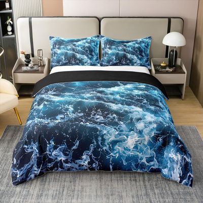 Erosebridal 100% Organic Cotton Blue Waves Comforter Cover Ocean Sea Duvet Cover Summer Theme Print Bedding Set Cozy Quilt Cover Room Decorative Ultra Soft Breathable Bedclothes Queen Size