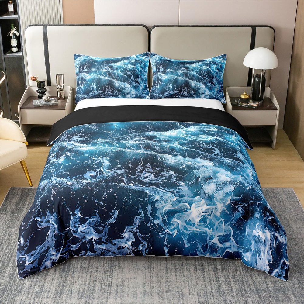 Erosebridal 100% Organic Cotton Blue Waves Comforter Cover Ocean Sea Duvet Cover Summer Theme Print Bedding Set Cozy Quilt Cover Room Decorative Ultra Soft Breathable Bedclothes Queen Size