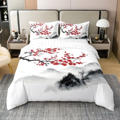 100% Cotton Japanese-Style Duvet Cover King, Red Cherry Blossoms Printed Bedding Set for Adult Women Teen Girls, Mount Fuji Ink Painting Black White Bedroom Decor Soft Breathable Comforter Cover