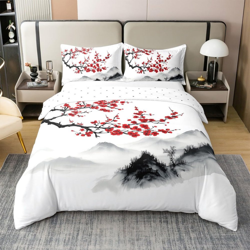 100% Cotton Japanese-Style Duvet Cover Full, Red Cherry Blossoms Printed Bedding Set for Adult Women Teen Girls, Mount Fuji Ink Painting Black White Bedroom Decor Soft Breathable Comforter Cover