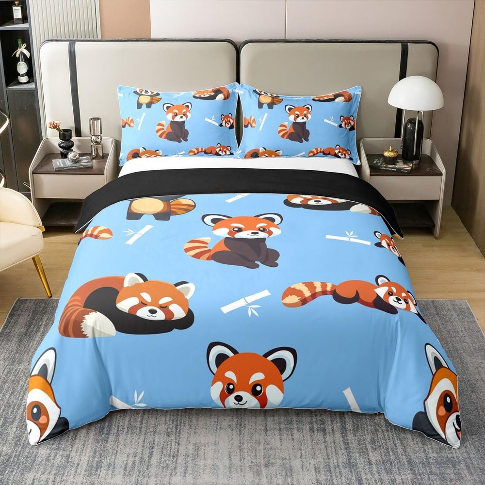 Erosebridal 100% Cotton Red Panda Duvet Cover King, Kawaii Bedding Set for Kids Boys Girls, Cute Animal Pattern Bedroom Decor Comforter Cover, Cartoon Panda Printed Wildlife Style Blue Quilt Cover
