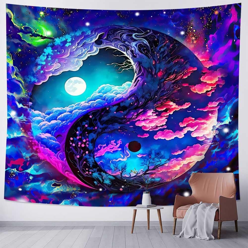 Aidatain Fantasy Colorful Sky Tapestry Moon Dazzling Nebula Yin and Yang Wall Tapestry, Large 84"x90" Flannel Fabric Art Tapestries Abstract Art Backdrop, For Living Room Bedroom Dorm GTOKAT0225