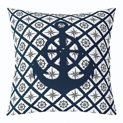 Nautical Anchor Throw Pillow Cover, Ocean Compass Pillow Cover 24x24 Inch for Sofa Bed Couch, Geometric Grid Stripes Decorative Square Pillow Case Summer Mediterranean Style, Navy Blue