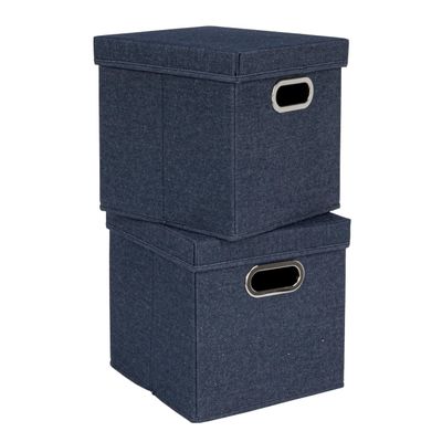 Household Essentials Collapsible Cotton Blend Cube Storage Box with Lid and Metal Grommet Handle, Set of 2, Denim
