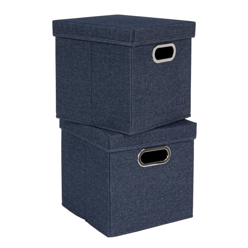 Household Essentials Collapsible Cotton Blend Cube Storage Box with Lid and Metal Grommet Handle, Set of 2, Denim