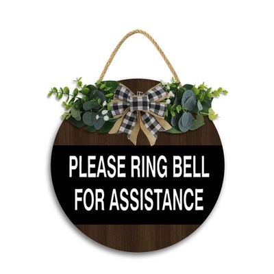 11x11In Please Ring Bell for Assistance Sign,Wood Plank Design Hanging Sign Wall Art Home Decoration,Rustic Wood No Soliciting Sign for Farmhouse Home Decor,Funny Signs Gift