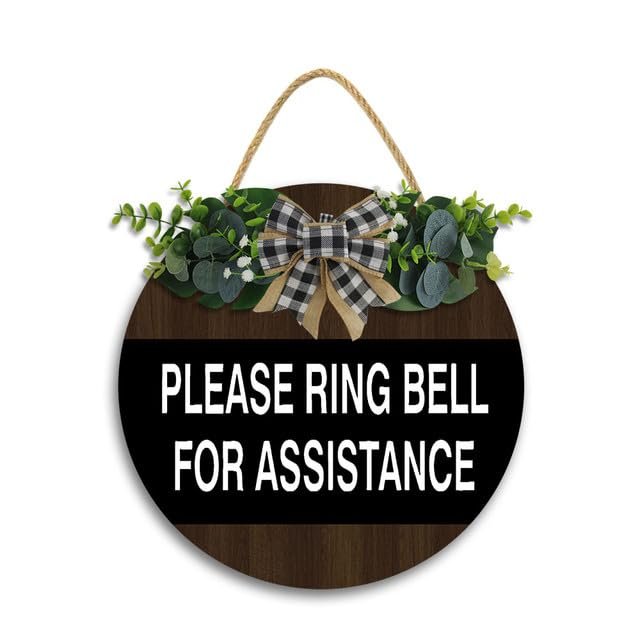 11x11In Please Ring Bell for Assistance Sign,Wood Plank Design Hanging Sign Wall Art Home Decoration,Rustic Wood No Soliciting Sign for Farmhouse Home Decor,Funny Signs Gift