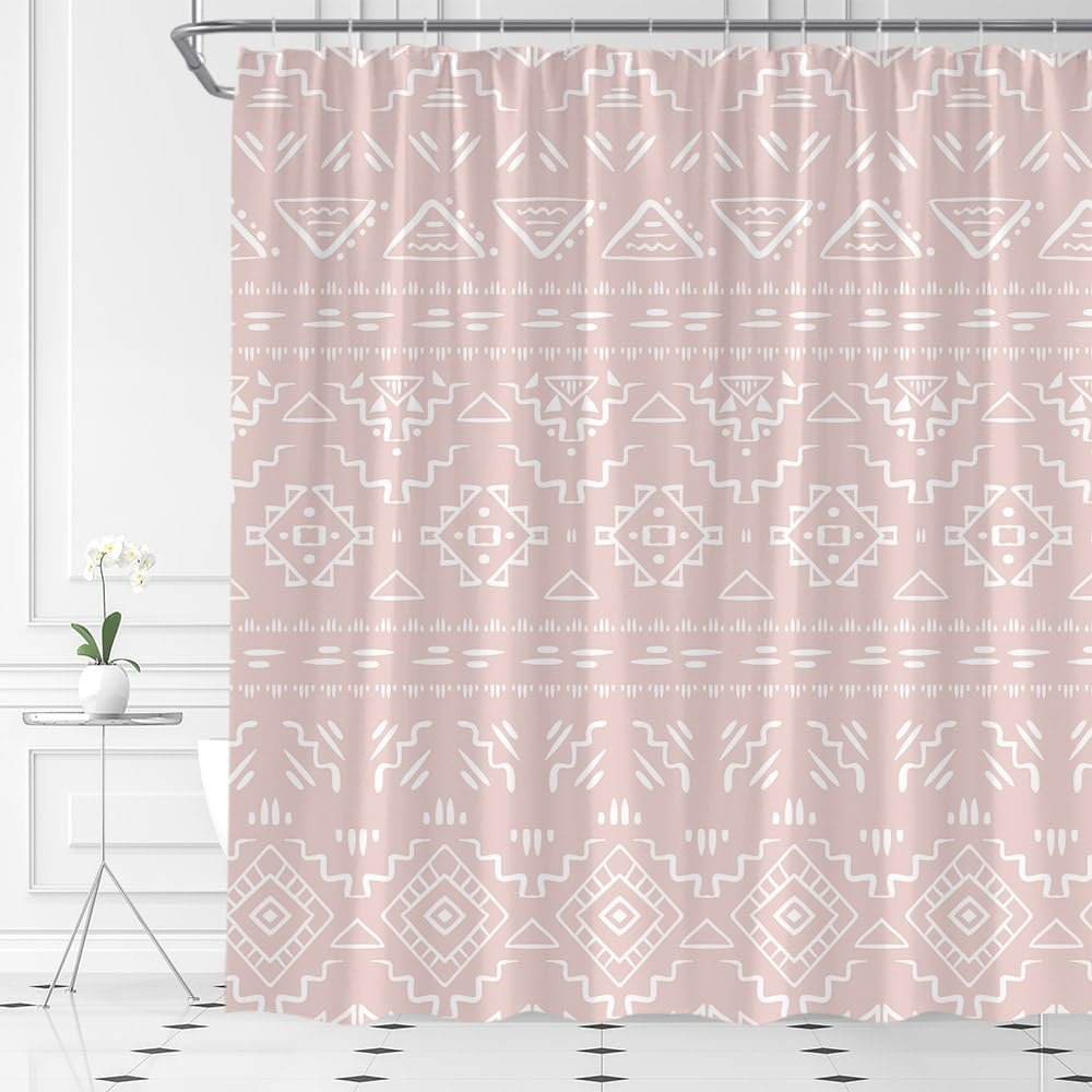 ABONAN Boho Geometric Shower Curtain Pink Modern Farmhouse Tribal Retro Western Aztec Abstract Mid Century Art Fabric Bathroom Curtains Decor Set with Hook(59" Wx70 H)