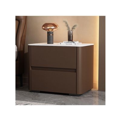 JITEM Modern Wood 2 Drawers Nightstand Faux Leather Bedside Table Marble Pattern Sintered Stone Top End Side Table Bedroom Night Stand