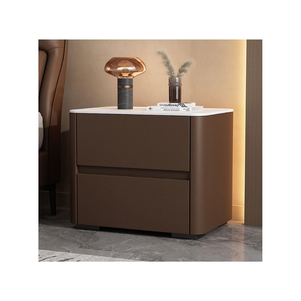 JITEM Modern Wood 2 Drawers Nightstand Faux Leather Bedside Table Marble Pattern Sintered Stone Top End Side Table Bedroom Night Stand