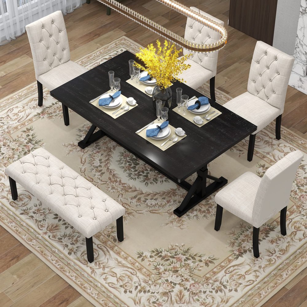 Bellemave 6-Piece Dining Table Set for 6 Farmhouse Kitchen Table Set with 4 Upholstered Chairs and Bench, Rectangular Dining Room Set for Kitchen, Dining Room (Espresso)