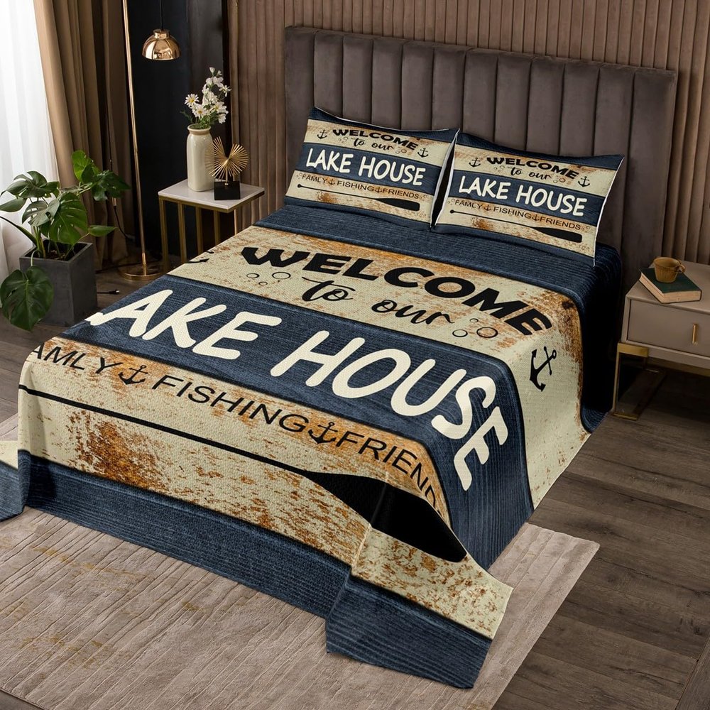 Lake House Queen Size Bedspread Set For Cabin Lodge,Rustic Farmhouse Quilt Set Boating Fishing Theme Coverlet Set For Kids Teen Adult Lake Paddle Anchor Bed Set 2 Pillow Cases Country Room Decor