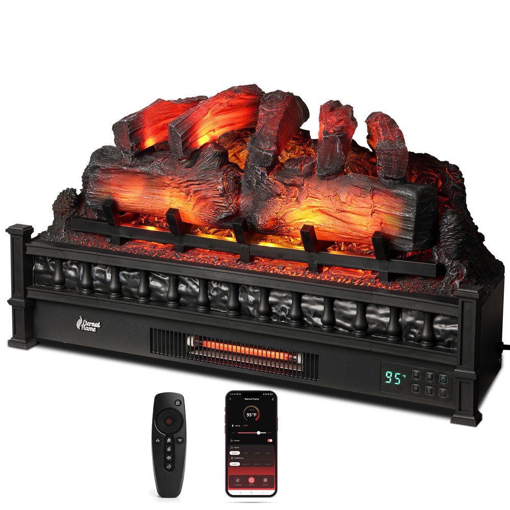 TURBRO Eternal Flame 30 in. WiFi Infrared Quartz Electric Fireplace Log Heater with Sound Crackling, Realistic Pinewood Logs, Adjustable Flame Colors, Remote Control, Thermostat, Timer, EF30-PB, 1500W