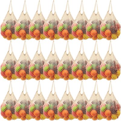 Woanger 24 Pcs Reusable Cotton Mesh Produce Shopping Bags Washable Grocery Net Portable Fruit and Vegetable Cotton String Bags Long Handle Net Tote Organizer(Short Handle)