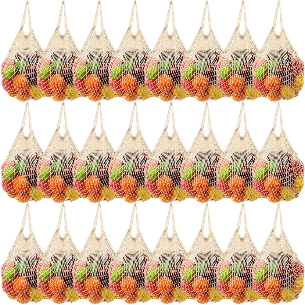 Woanger 24 Pcs Reusable Cotton Mesh Produce Shopping Bags Washable Grocery Net Portable Fruit and Vegetable Cotton String Bags Long Handle Net Tote Organizer(Short Handle)