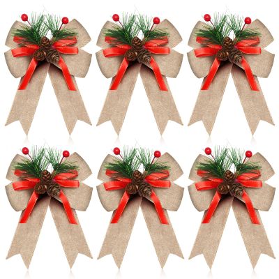 Syhood 6 Pcs Christmas Bows with Pine Cones Pine Needles Xmas Flaxen Bows Ribbon Christmas Tree Wreath Decoration for Xmas Parties Indoor Outdoor Crafts DIY Decor