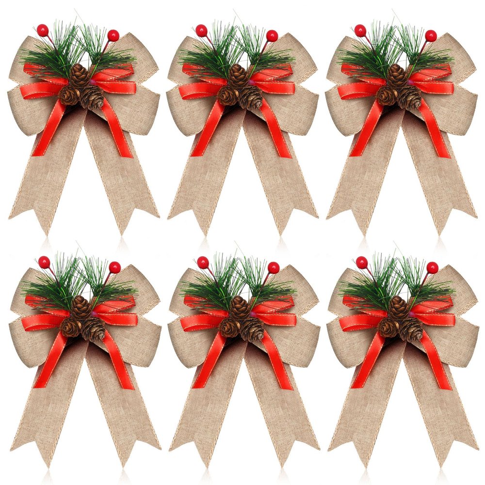 Syhood 6 Pcs Christmas Bows with Pine Cones Pine Needles Xmas Flaxen Bows Ribbon Christmas Tree Wreath Decoration for Xmas Parties Indoor Outdoor Crafts DIY Decor