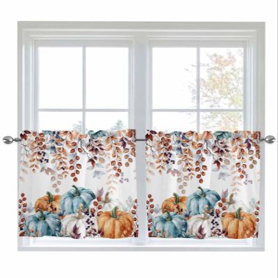 Window Curtain Tiers 2 Panels Rod Pocket Semi Sheer Tier Curtains 27.5"x36" Fall Thanksgiving Blue Orange and White Pumpkin Eucalyptus Leaves Curtains for Kitchen Bathroom Living Room Bedroom