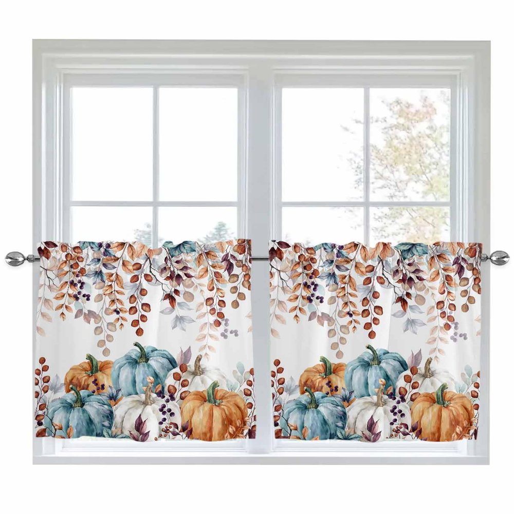 Window Curtain Tiers 2 Panels Rod Pocket Semi Sheer Tier Curtains 27.5"x36" Fall Thanksgiving Blue Orange and White Pumpkin Eucalyptus Leaves Curtains for Kitchen Bathroom Living Room Bedroom