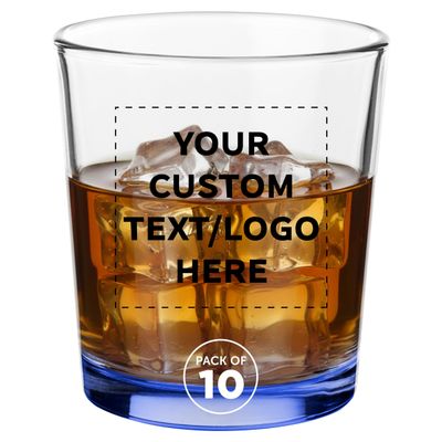 10 Heavy Base Whiskey Glasses, 13.5 oz. Custom Personalized with Logo or Text, Lowball Old Fashion Rocks Glass Set for Old Fashion, Blue